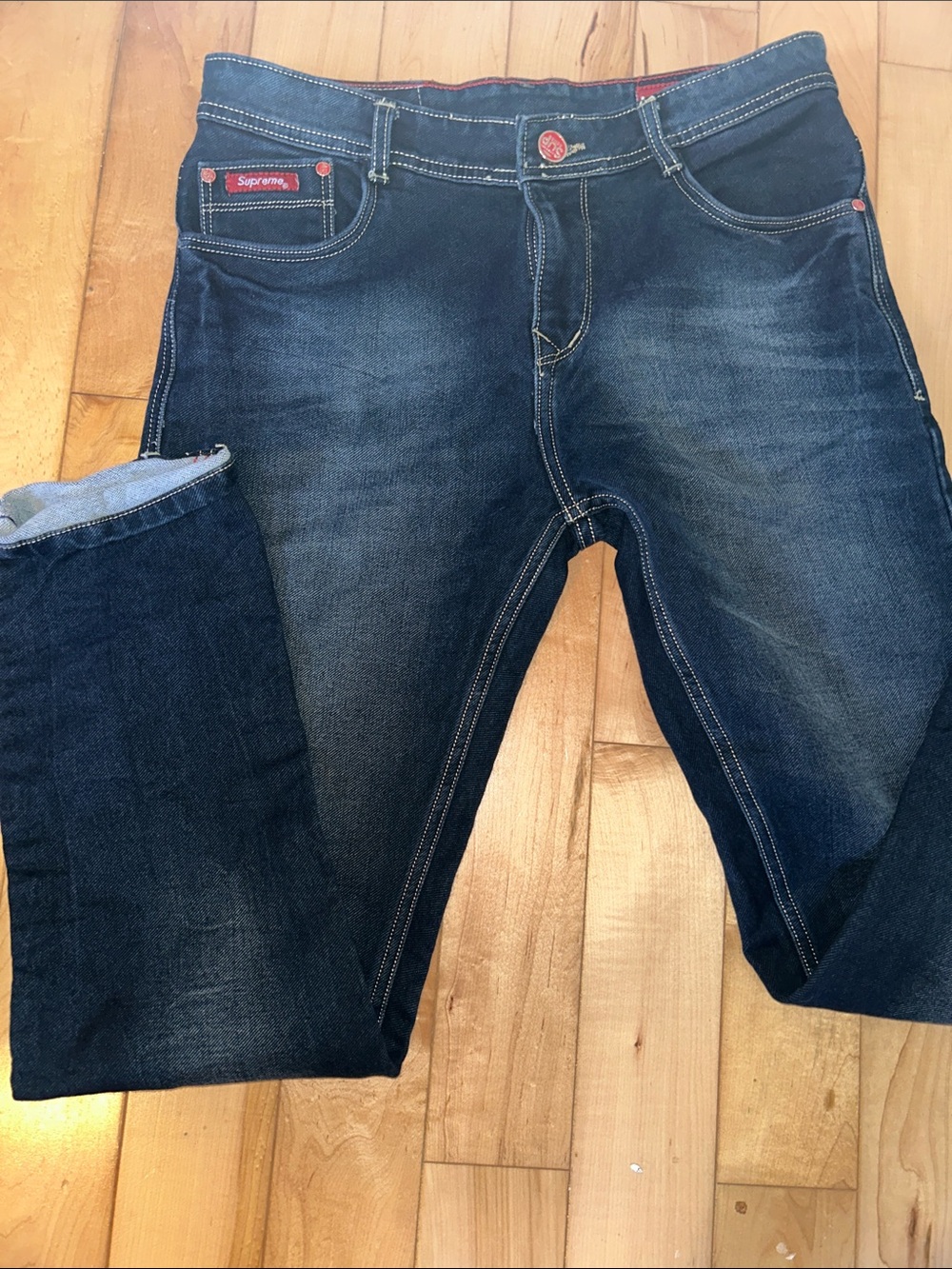Supreme Slim Dark Blue Washed Jeans with Red Accents